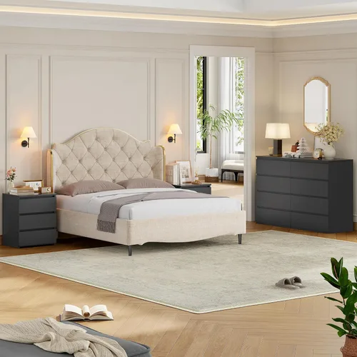 Miniatura 5 de FOTOSOK Mesita de noche negra con 3 cajones, mesita de noche negra para dormitorio con asa recortada, mesa auxiliar de sofá con 3 cajones