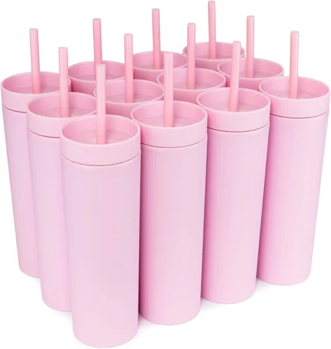 Miniatura 18 de STRATA CUPS Vasos delgados multicolor con tapas y popotes (paquete de 12) - Vaso acrílico de doble pared de 16 onzas, vasos delgados mate altos, a