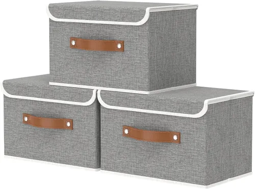 Miniatura 18 de OUTBROS Caja de almacenamiento plegable grande con tapa, organizador de armario de tela de lino, contenedores para toallas, ropa, 15 x 9.8 x 9.8