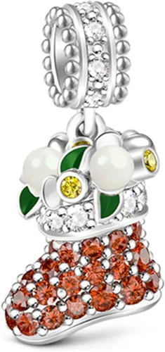 GNOCE Dije de calcetín navideño con piedras brillantes y pera blanca de plata de ley 925, dije colgante de feliz Navidad para pulseracollar, regalo
