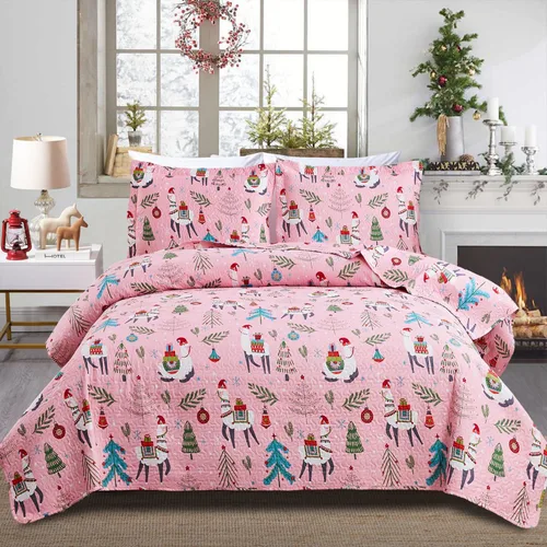 Miniatura 10 de Juego de colcha de Navidad de Smuge, tamaño king - Reversible, con diseño de alce, muñeco de nieve, árbol de Navidad, pequeña campana, rojo, verde