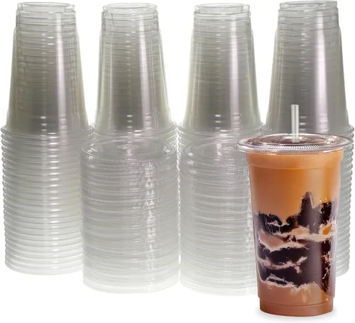 Miniatura 9 de Freshware Vasos de plástico desechables transparentes de 12 onzas con tapas planas y popotes, paquete de 100 vasos de plástico transparente, vasos
