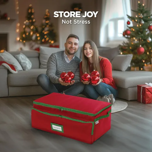 Miniatura 2 de Caja de almacenamiento premium para adornos navideños – Con capacidad para hasta 72 adornos de 3 pulgadas + 8 ranuras laterales para figuritas y Rojo