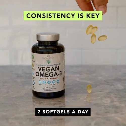 Miniatura 6 de AMANDEAN Suplemento vegano de Omega 3. Alternativa premium al aceite de pescado. DHA y EPA de algas. Cápsulas blandas libres de carragenina. Ácidos