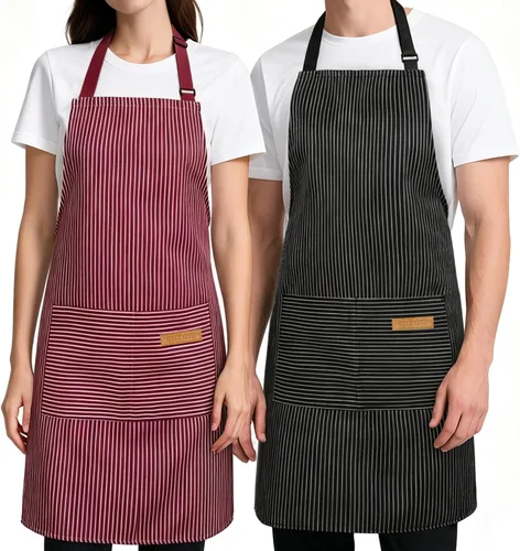 Miniatura 8 de Paquete de 2 Delantales de Cocina, Delantales Suaves para Mujeres y Hombres con 2 Bolsillos, Delantal de Chef con Correa Ajustable para el Cuello