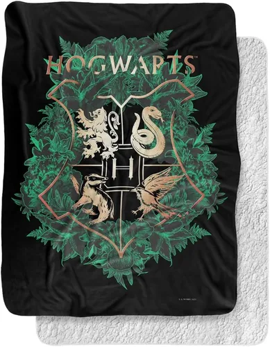 Miniatura 8 de Manta de Harry Potter, 50 x 60 pulgadas, Hogwarts Green and Gold Floral Crest Silky Touch Sherpa Back Manta súper suave