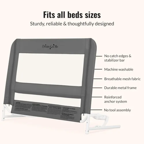 Miniatura 6 de Dream On Me Riel de cama ajustable de seguridad de malla ligera para niños pequeños, tela de malla transpirable, adecuada para todo tipo de camas