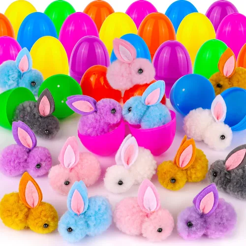 Paquete de 24 rellenos de huevos de Pascua con conejito de Pascua de peluche con juguetes en el interior, mini animales de peluche de Pascua, huevos