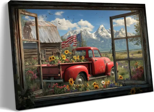 Miniatura 28 de Decoración rústica de granja en lienzo con ventana abierta, impresiones artísticas para pared, pintura de camión viejo, lienzo de granero y bandera