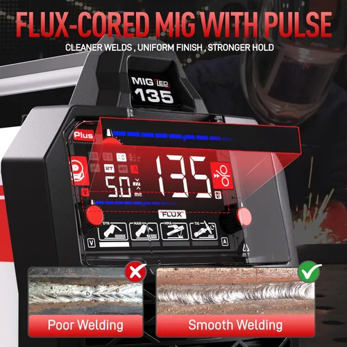 Miniatura 2 de ANDELI Soldador MIG 135A 110V/220V, PULSE Flux Core MIG/Lift Tig/Stick Máquina de soldadura MIG sin gas 3 en 1 con sinergia, pantalla LED grande