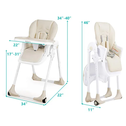 Miniatura 7 de BABY JOY Silla alta convertible para bebés y niños pequeños, altura ajustable, silla alta Grow & Go con reclinable y reposapiés, bandeja doble Beige