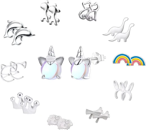 NEWITIN 11 Pairs 925 Sterling Silver Stud Earrings for Girls Hypoallergenic Earrings Unicorn Earrings Animals Earrings Cute Small Stud Earrings for