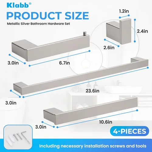 Miniatura 4 de Klabb Juego de 4 piezas de accesorios de baño plateados metálicos, juego de toallero de acero inoxidable SUS304 de 24 pulgadas con soporte