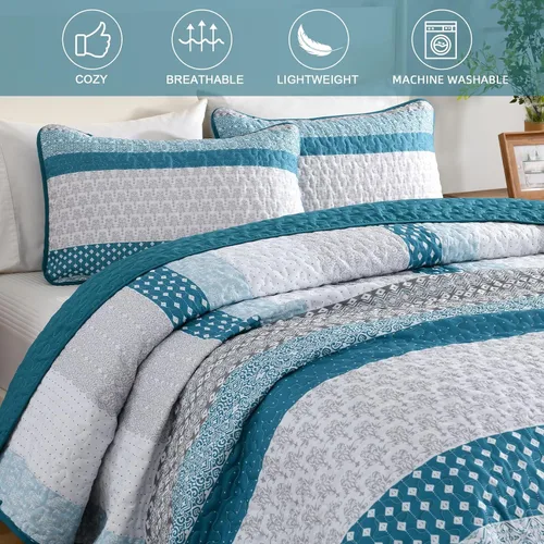 Miniatura 5 de WONGS BEDDING Edredón Azul Gris Tamaño Queen, Juegos de Edredón de Rayas Bohemias 3 Piezas Azul y Gris Boho Juego de Colcha Acolchada de Microfibra