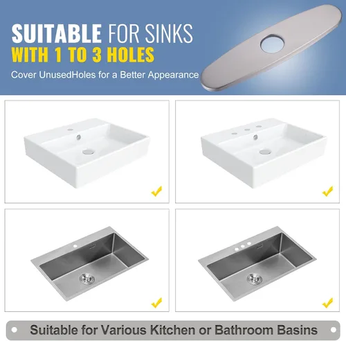 Miniatura 3 de WOWOW Placa de grifo, cubierta de fregadero de cocina, placa de acero inoxidable para 1 o 3 agujeros, baño o cocina, grifo mezclador, 10 pulgadas