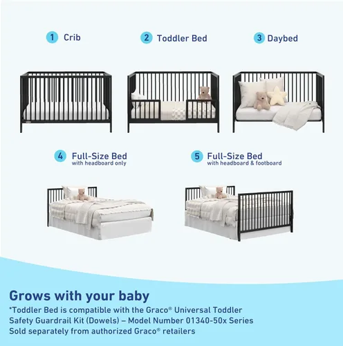 Miniatura 6 de Graco Teddi Cuna convertible 5 en 1 (negro) – Certificado GREENGUARD Gold, se convierte en sofá cama, cama infantil y individual con cabecera