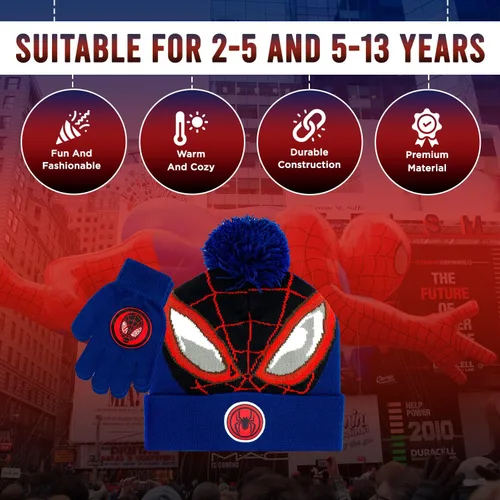 Miniatura 3 de Marvel Spider-Man - Sombrero de invierno y guantes de nieve para niños y niños juego de 2 piezas gorro con pompones con guantes cálidos