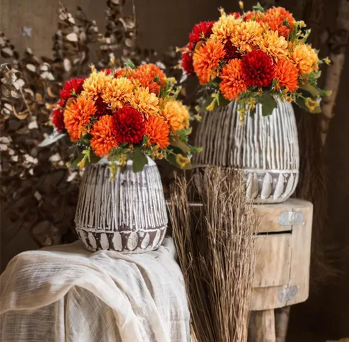 Miniatura 4 de AMZALI 12 piezas de flores artificiales de imitación para mamás, flores de color naranja quemado, surtido de flores falsas de seda para mamás