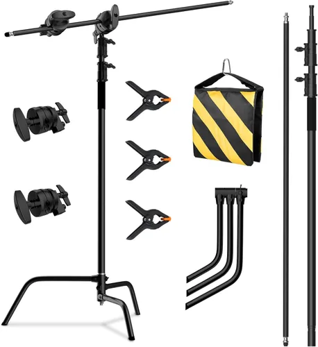 Soporte C con brazo de pluma, kit de soporte de luz para fotografía, soporte en C resistente con poste de acero inoxidable de 6.8 pies, brazo de