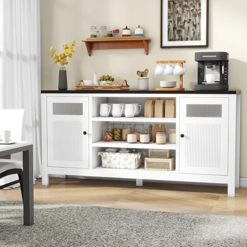 Gabinete de buffet acanalado en blanco y negro: gabinete de aparador de madera de 63 "para sala de estar, mesa de acento moderna con almacenamiento,