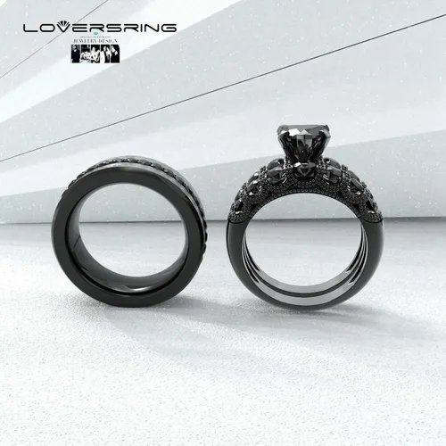 Miniatura 16 de Conjunto de dos anillos de boda para él y para ella, anillos para parejas. Anillos de compromiso para novia en acero inoxidable chapado en oro Blanco