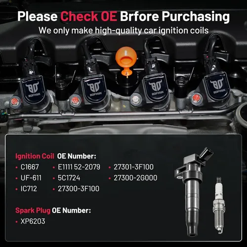 Miniatura 3 de BDFHYK Bobinas de encendido UF611 y bujía iridio XP6203 compatible con Hyundai Equus Genesis Sonata Tucson Kia Borrego K900 Optima Sorento V8 l4