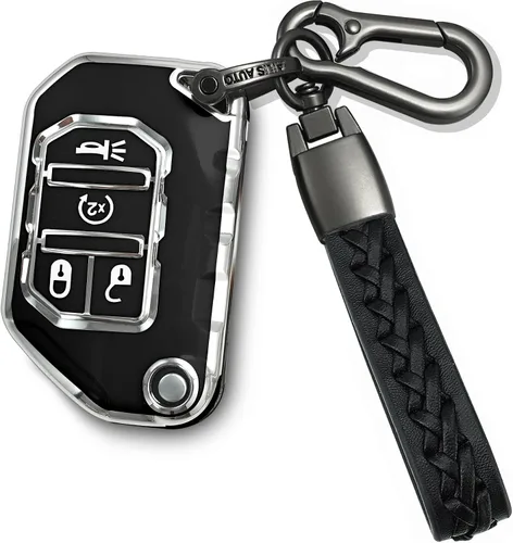 Kirsnda Funda para llavero Jeep, funda con llavero, TPU suave que protege la carcasa de la llave del automóvil, compatible con Wrangler JL JLU Negro