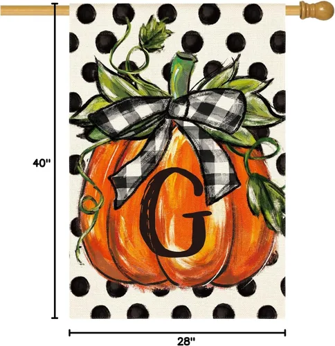 Miniatura 8 de AVOIN colorlife Bandera de casa con monograma de otoño con letra G, diseño de lunares, calabaza, 28 x 40 pulgadas, doble cara exterior, pequeña