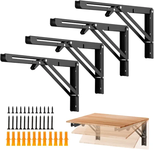 Miniatura 23 de Ravinte - Paquete de 2 soportes plegables de 20 pulgadas para estantes - Negro mate, soportes plegables resistentes para mesas y bancos - Diseño que