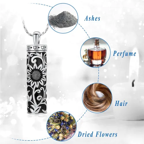 Miniatura 46 de Collar de urna de girasol para cenizas, collar de barra cilíndrica para cenizas para mujer, colgante de recuerdo para cenizas, joyería de cremación
