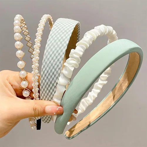 Diademas de moda para mujeres y niñas, 5 piezas de diadema de perlas, diademas florales acolchadas para mujeres, diadema ancha vintage (verde)
