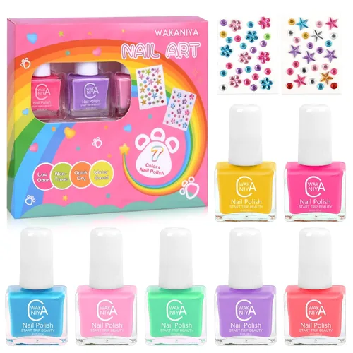 wakaniya Juego de esmaltes de uñas no tóxicos para niñas con calcomanías de uñas de gemas, 7 colores despegables de bajo olor para niños pequeños 7