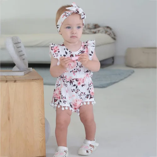 Miniatura 2 de Hascloth Newborn Baby Girl Romper Infant Tassel Bodysuit Floral Dress Shorts Jumpsuit Ruffle Sleeveless Onesie Clothes Outfit