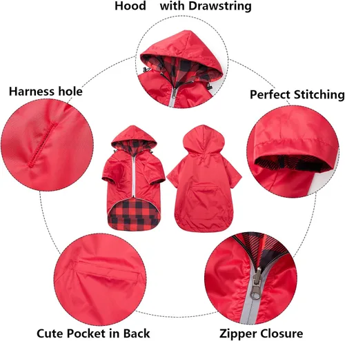 Miniatura 3 de Impermeable para perros, chaqueta de lluvia impermeable reversible para perros de razas pequeñas y medianas, cremallera reflectante, bolsillo