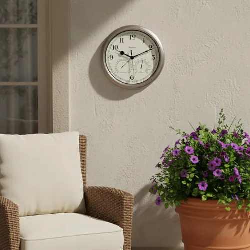 Miniatura 7 de Westclox Reloj de pared para interiores y exteriores con medidores de temperatura y humedad, resistente a la intemperie, precisión de cuarzo, Plata