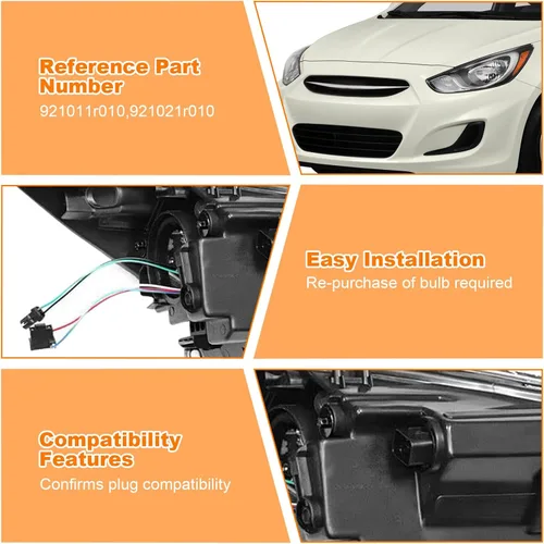 Miniatura 7 de Para 2012 2013 2014 Hyundai Accent (8 pines) Conjunto de faros halógenos izquierdo lado del conductor carcasa negra lente transparente sin DRL