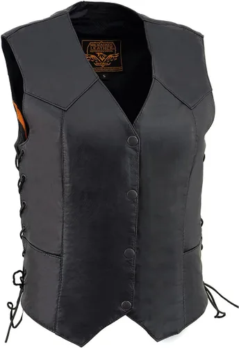 Milwaukee Leather SH1227L - Chaleco de motociclista con cordones laterales de cuero negro para mujer, con cierre de 4 broches