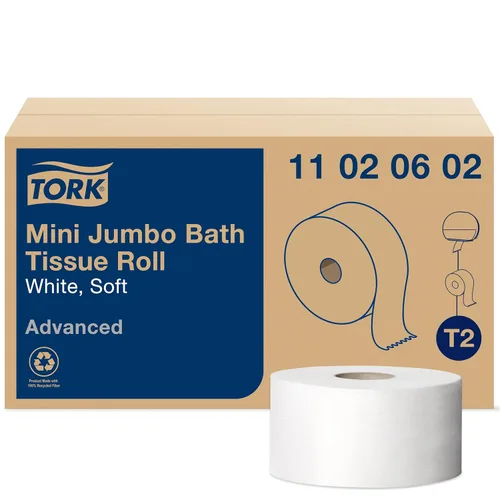 Tork Mini Jumbo rollo de papel tisú para baño - Toallas de papel higiénico con calidad suave avanzada, compatible con dispensador T2 Tork, 12 rollos
