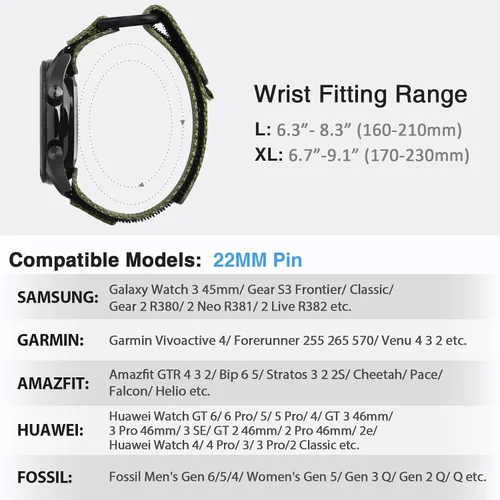 Miniatura 3 de Nereides Correa de reloj de nailon de 0.866 in compatible con Garmin Vivoactive 4/Forerunner 255 265 570/Venu 4 3 2, compatible con Amazfit GTR 4 3