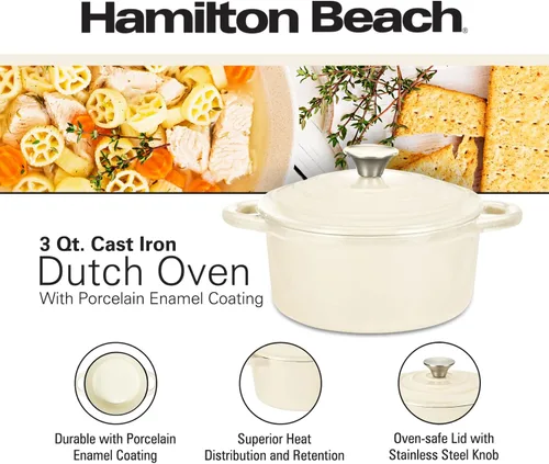 Miniatura 9 de Hamilton Beach Olla holandesa de hierro fundido esmaltado de 3 cuartos de galón con tapa, color crema