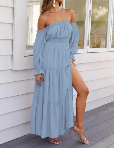 Miniatura 156 de ZESICA - Vestido largo, bohemio y sexy, con hombros descubiertos y manga larga fruncida, con elástico fruncido, cintura alta y abertura lateral