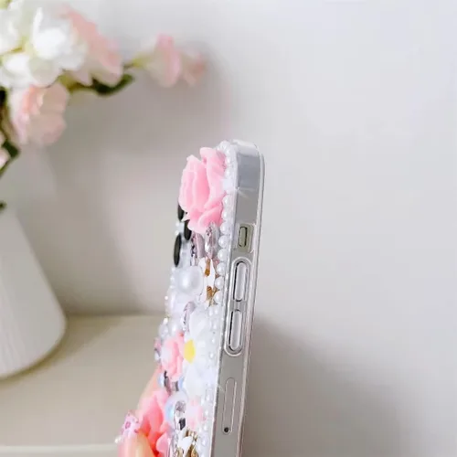 Miniatura 5 de para iPhone Xs/X Funda Bling, Funda de Lujo con Flores de Rincón de Cristal con Purpurina de Diamante y Perla para Mujeres, Niñas y Niños con Cordón