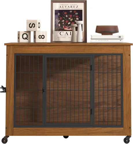 Miniatura 9 de Mueble de jaula para perros de 38.6 pulgadas con ruedas, mesa de madera resistente para perrera, jaula para mascotas de interior con 2 puertas, caja