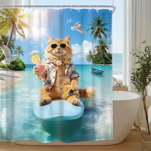 Miniatura 10 de Divertida cortina de ducha con diseño de gato de surf, tiburón, divertida, náutico, océano, océano, mar, ondas, animales, novedad, 72 pulgadas