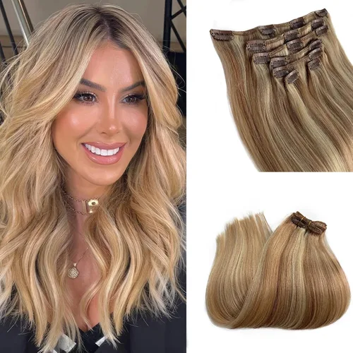 Miniatura 39 de Extensiones de cabello rubio ceniza con reflejos, extensiones de cabello humano real con clip, de 12 pulgadas, 2.47 onzas, doble trama, invisible