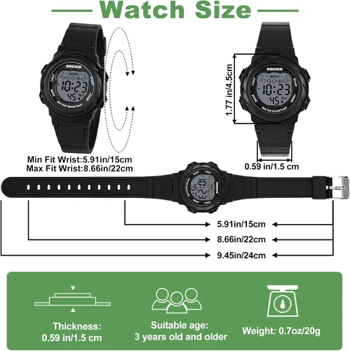 Miniatura 5 de SOCICO Relojes digitales para niños y niñas, 7 luces de color impermeables, reloj deportivo para exteriores con cronómetro, alarma, fecha, gran