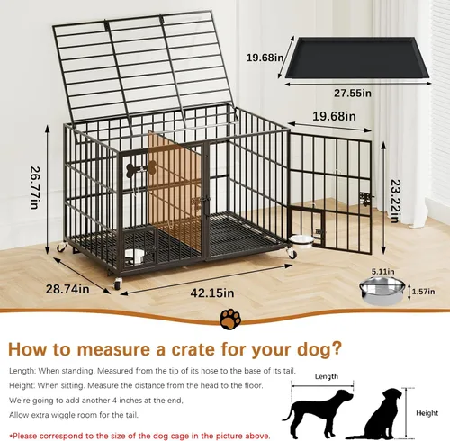 Miniatura 2 de Dosker Jaula de 42 pulgadas de metal resistente para perros con divisor para 2 perros/perro grande, jaula a prueba de escapes con parte superior