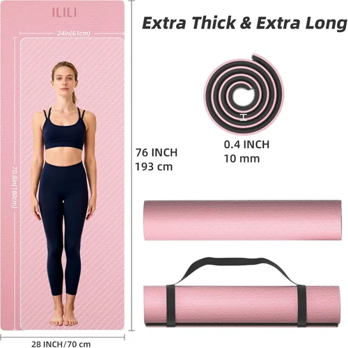 Miniatura 25 de ILILI Tapete de yoga 10mm extra grueso y 193cm extra largo, 76x28x0.4 pulgadas, material TPE antideslizante de doble color, fácil de transportar
