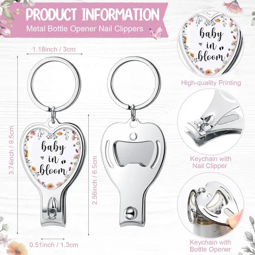 Miniatura 2 de Wesiti 25 juegos de llaveros para baby shower para invitados Baby in Bloom con cortaúñas y abridor de botellas, tarjeta de agradecimiento y bolsa