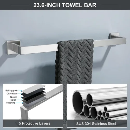 Miniatura 2 de TQKAG Juego de 6 piezas de toallero de baño en níquel cepillado de 23.6 pulgadas Barra de toalla de acero inoxidable Anillo de toalla Gancho